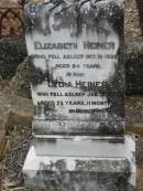 Henry HEINER,
died 27 April 1895 aged 55 years;
Elizabeth HEINER,
died 21 Oct 1926 aged 84 years;
Lydia HEINER,
died 24 Jan 1957? aged 72 years 11 months;
Haigslea Lawn Cemetery, Ipswich
