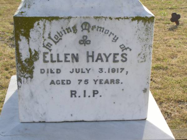 Ellen HAYES  | d 3 Jul 1917, aged 75  | Patrick HAYES  | d: 2 Jan 1933, aged 95  | Ellen C HAYES  | d: 18 Dec 1928, aged 49  | John Patrick HAYES  | d: 29 May 1951, aged 71  | (uncle) Henry Joseph HAYES  | d: 23 Aug 1942, aged 68  | Harrisville Cemetery - Scenic Rim Regional Council  |   | 