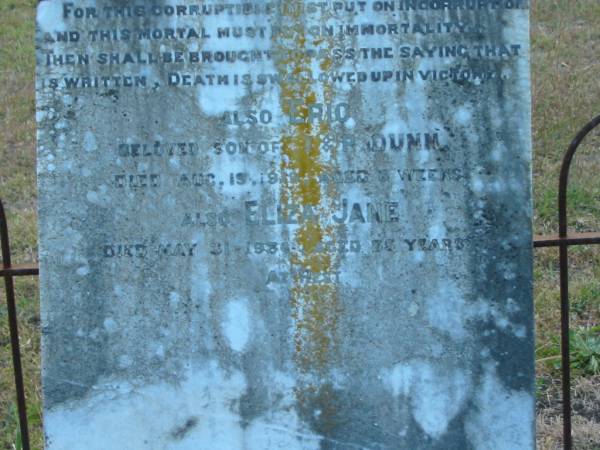 William DUNN  | d: 28 Dec 1901, aged 67  |   | Eric  (DUNN)  | (son of T and P DUNN)  | d: 19 Aug 1919, aged 6 weeks  |   | Eliza Jane (DUNN)  | d: 31 May 1936, aged 85  |   |   | Harrisville Cemetery - Scenic Rim Regional Council  | 