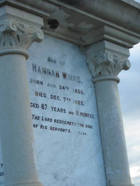 William WINKS  | b: 23 Sep 1827, d: 22 Dec 1899, aged 72  |   | Hannah WINKS  | b: 24 Jan 1838, d: 7 Dec 1925, aged 87 years 11 months  |   | Harrisville Cemetery - Scenic Rim Regional Council  | 