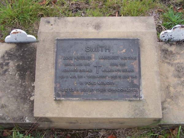 Luke Wheeler SMITH  | b: 8 Aug 1852, Berkshire, England  | d: 31 Aug 1911, Greenwood  | Margaret SMITH (nee DUNN)  | b: 1853, Armagh, Nth Ireland  | d: 15 Jun 1940, Greenwood  | Harrisville Cemetery - Scenic Rim Regional Council  | 