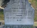 Philip DWYER
d: 10 May 1923, aged 77
(wife) Sarah (DWYER)
d: 6 Sep 1923, aged 64
Harrisville Cemetery - Scenic Rim Regional Council