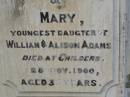 William ADAMS c.l.
B: Dalkeith, Scotland
d: 7 Nov 1893, aged 70
(wife) Allison Dickson (ADAMS)
d: 24 Jan 1898, aged 74
John Alexander ADAMS
d: 16 Dec 1893, aged 32
Mary
(youngest daughter of William and Alison ADAMS)
d: at Childers, 28 Nov 1900, aged 33
Isiah TITMARSH
d: 30 Aug 1880, aged 40
Harrisville Cemetery - Scenic Rim Regional Council