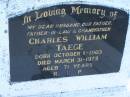 Charles William TAEGE
b: 1 Oct 1903, d: 31 Mar 1975, aged 71
Harrisville Cemetery - Scenic Rim Regional Council