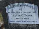 Lester G TAEGE
d: 3 Apr 1967, aged 24
Harrisville Cemetery - Scenic Rim Regional Council