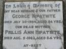 George HIPATHITE
d: 30 Jul 1954, aged 84
Phillis Ann HIPATHITE
d: 5 Aug 1963, aged 84
Harrisville Cemetery - Scenic Rim Regional Council