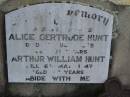 Alice Gertrude HUNT
d: 11 Jul 1939, aged 71
Arthur William HUNT
d: 6 May 1947, aged 86
Harrisville Cemetery - Scenic Rim Regional Council