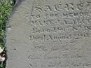 Mary LA ALCORN
b: 8 ? 1856
d: 2 August 1877
Harrisville Cemetery - Scenic Rim Regional Council