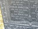 Eliza JOHNSTON
d: Jan 1871, aged 66
Charles JOHNSTON
d: 7 Jan 1909, aged 64
(wife) Martha (JOHNSTON)
d: 23 Aug 1943, aged 89
(dau) Charlotte (JOHNSTON)
d: 26 Jul 1873, aged 20 months
(son) George (JOHNSTON)
d: 13 Apr 1883, aged 11 months
(son) Charles (JOHNSTON)
d: 20 Feb 1887, aged 9 years
(son) Andrew (JOHNSTONE)
d: 15 Mar 1887, aged 7 months
Harrisville Cemetery - Scenic Rim Regional Council