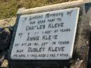Charles KLEVE
d: 1 Jun 1941, aged 87
Annie KLEVE
d: 30 Oct 1931, aged 75
Dudley KLEVE
d: 11 Apr 1922, aged 3 yrs 7 mths
Harrisville Cemetery - Scenic Rim Regional Council