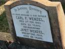 Carl F WENZEL
d: 3 Feb 1943, aged 63
Janet WENZEL
d: 28 Dec 1955, aged 80
Harrisville Cemetery - Scenic Rim Regional Council