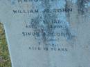 Margaret (ALCORN)
(wife of William ALCORN)
d: 10 ?? 1881, aged ?4
Simon ALCORN
d: ?? 1871, aged 19
Harrisville Cemetery - Scenic Rim Regional Council