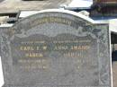Carl F.W. HARCH, died 6 Sept 1952 aged 86 years, father;
Anna Amanda HARCH, died 19 Jan 1946 aged 73 years, wife mother;
St Pauls Lutheran Cemetery, Hatton Vale, Laidley Shire