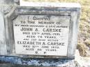 John A. GARSKE, husband father,
died 25 April 1951 aged 74 years;
Elizabeth GARSKE, mother,
died 10 June 1970 aged 86 years;
Michael GARSKE,
born 28-11-10 died 26-8-85;
Helidon Catholic cemetery, Gatton Shire