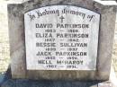 David PARKINSON, 1863 - 1908;
Eliza PARKINSON, 1867 - 1942;
Bessie SULLIVAN, 1899 - 1937;
Jack PARKINSON, 1905 - 1950;
Nell MCHARDY, 1907 - 1951;
Helidon Catholic cemetery, Gatton Shire