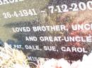 Basil Michael ODWYER,
26-4-1941 - 7-12-2002,
brother uncle great-uncle of
Pat, Dale, Sue, Carol & familes;
Helidon Catholic cemetery, Gatton Shire