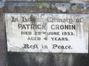 Charles J. GUNNE (Joe),
died 23 July 1917 aged 25 years;
Catherine GUNNE,
died 21 April 1928 aged 66 years;
Charles GUNNE,
died 3 Jan 1936 aged 72 years;
Patrick CRONIN (Paddie),
died 29 June 1933 aged 4 years;
Catherine CRONIN (Katie),
died 11 Nov 1932 aged 37 years;
Helidon Catholic cemetery, Gatton Shire