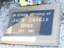 Samuel DUKE, husband father,
died 17 Mar 1947 aged 65 years;
Jacob Chaille DUKE,
1903 - 1987;
Isabella DUKE,
1907 - 2001;
Helidon Catholic cemetery, Gatton Shire