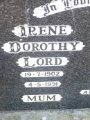 Irene Dorothy LORD, mum,
19-7-1902 - 4-5-1991;
Victor Frederick LORD, dad,
31-5-1893 - 2-12-1946;
Helidon Catholic cemetery, Gatton Shire