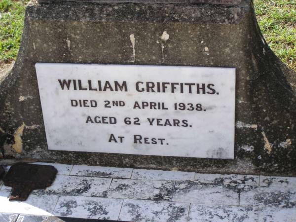 William GRIFFITHS,  | died 2 April 1938 aged 62 years;  | Isabella GRIFFITHS,  | died 11 Aug 1938 aged 60 years;  | Helidon General cemetery, Gatton Shire  | 
