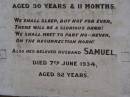Jane BROWNE,
wife of Smauel BROWNE,
born County Mayo Ireland 20 Jan 1843,
died 17 Jan 1934 aged 90 years 11 months;
Samuel,
husband,
died 7 June 1934 aged 92 years;
Highfields Baptist cemetery, Crows Nest Shire