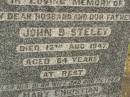John B. STELEY,
husband father,
died 12 Aug 1947 aged 64 years;
Mary Christian,
wife mother,
died 6 May 1974 aged 91 years;
Howard cemetery, City of Hervey Bay