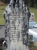 William WHITWORTH,
husband of Mary J. WHITWORTH,
died 25 Jan 1923 aged 73 years;
Harriett LYONS,
sister,
wife of Barnett LYONS,
died 9 July 1923 aged 71 years;
Mary Jane WHITWORTH,
died 24 Nov 1933 aged 77 years;
Howard cemetery, City of Hervey Bay