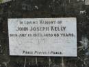 John Joseph KELLY,
died 19 July 1923 aged 68 years;
Alice Edith KELLY,
died 19? May 1963 aged 85 years;
Howard cemetery, City of Hervey Bay