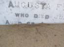 Augusta F.L. SIEFERT, mother wife,
died 20 July 1910 aged 62? years;
Maria B.L. DODT, daughter,
wife of August DODT,
died 23 June 1910 aged 33 years 7 months;
August F.W. SIEFERT, father,
died 27 March 1912 aged 81 years 3 months;
Ingoldsby Lutheran cemetery, Gatton Shire