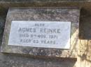 Adolf A. REINKE,
died 11 Oct 1934 aged 52 years;
Agnes REINKE,
died 9 Nov 1971 aged 83 years;
Ingoldsby Lutheran cemetery, Gatton Shire