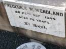 Auguste C. WENDLAND,
died 26 June 1941 aged 75 years;
Frederick W. WENDLAND,
died 25 Sept1944 aged 76 years;
Ingoldsby Lutheran cemetery, Gatton Shire