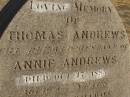 Thomas ANDREWS,
husband of Annie ANDREWS,
died 17 Oct 1885 aged 67 years;
Agnes Margaret,
daughter,
died 26? March 1890 aged 22 years;
Jondaryan cemetery, Jondaryan Shire