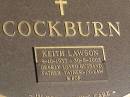 Keith Lawson COCKBURN,
9-10-1933 - 30-5-2002,
husband father father-in-law pop;
Jondaryan cemetery, Jondaryan Shire