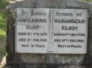 James Laurence KILROY
b: 15 Feb 1879, d: 5 Feb 1939
Marian Mackay KILROY
b: 20 Jul 1888, d: 12 Jul 1960
Kalbar Catholic Cemetery, Boonah Shire