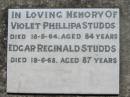 Violet Phillipa STUDDS,
died 18-3-64 aged 84 years;
Edgar Reginald STUDDS,
died 19-6-68 aged 87 years;
Kalbar General Cemetery, Boonah Shire
