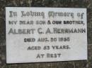 Albert C.A. HERRMANN, son brother,
died 30 Aug 1958 aged 53 years;
Kalbar General Cemetery, Boonah Shire