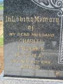 Charles Frederick RETSCHLAG, husband,
died 16 Nov 1961 aged 69;
Jane Elizabeth RETSCHLAG, wife,
died 6 Dec 1969? aged 77;
Kalbar General Cemetery, Boonah Shire