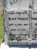 Wilhelm PRENZLER, father,
died 12 April 1926 aged 84 years;
Dorathee PRENZLER, mother,
died 5 Dec 1928 aged 85 years;
Kalbar General Cemetery, Boonah Shire