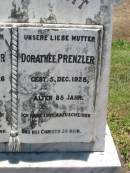 Wilhelm PRENZLER, father,
died 12 April 1926 aged 84 years;
Dorathee PRENZLER, mother,
died 5 Dec 1928 aged 85 years;
Kalbar General Cemetery, Boonah Shire