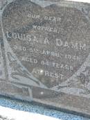 Hans H. DAMM, husband father,
died 28 Jan 1941 aged 89? years;
Louisa A. DAMM, mother,
died 5 April 1946 aged 84 years;
Kalbar General Cemetery, Boonah Shire