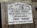 Alfred HARDING, husband father,
died 3 Dec 1944 aged 70 years;
Emma HARDING, mother,
died 8 Oct 1959 aged 87 years;
Kalbar General Cemetery, Boonah Shire