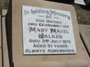 Mary Mabel WALKER, mother grandmother,
died 3 July 1975 aged 81 years;
Esther Annie WEST, mother,
1903-1976;
William Cecil WEST, father,
1902-1983;
Kalbar General Cemetery, Boonah Shire