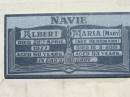 NAVIE;
Albert, died 20 April 1977 aged 60 years;
Maria (Mary) nee HERRMANN.
died 16-9-2001 aged 83 years;
Kalbar General Cemetery, Boonah Shire