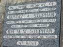 Gustav A. STEPHAN, husband father,
died 1 Sept 1968 aged 77 years;
Ida M.M. STEPHAN, mother,
died 18 Nov 1980 aged 85 years;
Kalbar General Cemetery, Boonah Shire