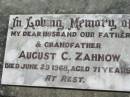 August C. ZAHNOW,
husband father grandfather,
died 29 June 1968 aged 71 years;
Kalbar General Cemetery, Boonah Shire