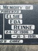 parents;
Albert Hermann REINKE,
13-10-1907 - 5-7-1992;
Elsie Eda REINKE,
24-12-1906 - 21-5-1991;
Kalbar General Cemetery, Boonah Shire
