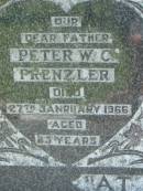 Peter W.C. PRENZLER, father,
died 27 January 1966 aged 83 years;
Alice B. PRENZLER, wife mother,
died 5 August 1948 aged 61 years;
Kalbar General Cemetery, Boonah Shire
