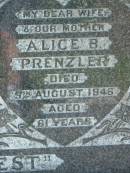 Peter W.C. PRENZLER, father,
died 27 January 1966 aged 83 years;
Alice B. PRENZLER, wife mother,
died 5 August 1948 aged 61 years;
Kalbar General Cemetery, Boonah Shire