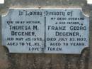 Theresa M. DEGENER, mother,
died 25 May 1952 aged 70 years;
Franz Georg DEGENER, husband father,
died 23 July 1937 aged 70 years;
Kalbar General Cemetery, Boonah Shire