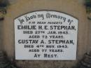 parents;
Emilie H.E. STEPHAN,
died 27 Jan 1943 aged 73 years;
Gustav A. STEPHAN,
died 4 Nov 1943 aged 77 years;
Kalbar General Cemetery, Boonah Shire